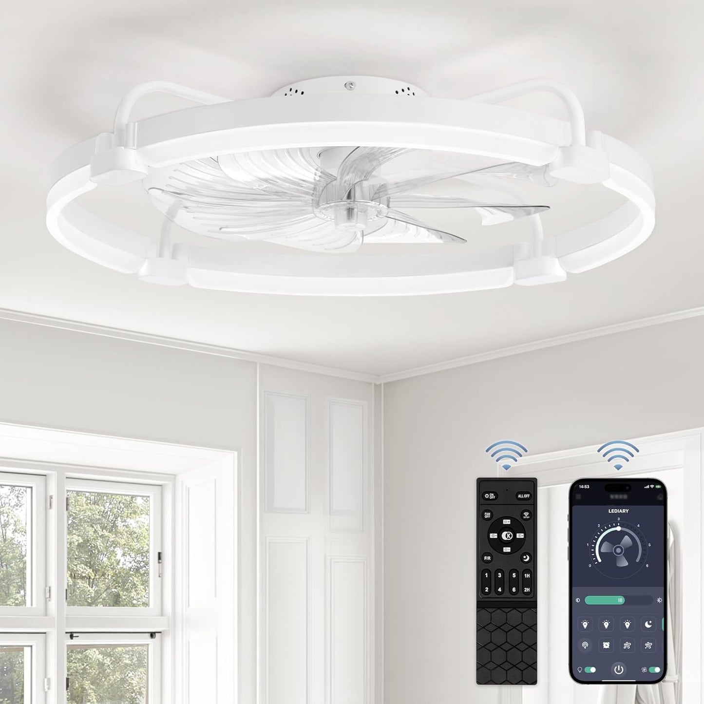LEDIARY 24ft' Low Profile Ceiling Fan with Lights and Remote Control