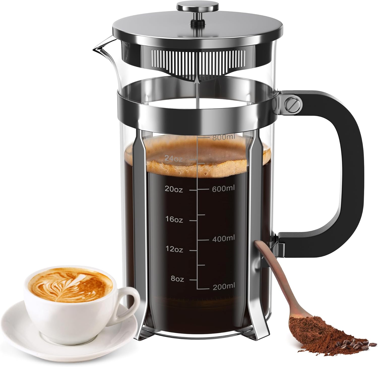 BeanNest French Press Coffee Maker, 34oz Stainless Steel + Glass - Rich Cold Brew & Espresso