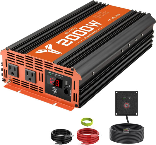 2000W Car Power Inverter - Remote Control, Dual AC Outlets, USB Port