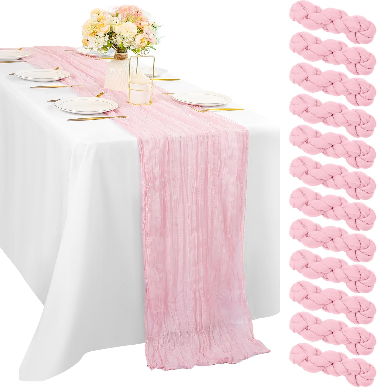 Light Pink Cheesecloth Table Runner 12 Pcs for Rustic Decor