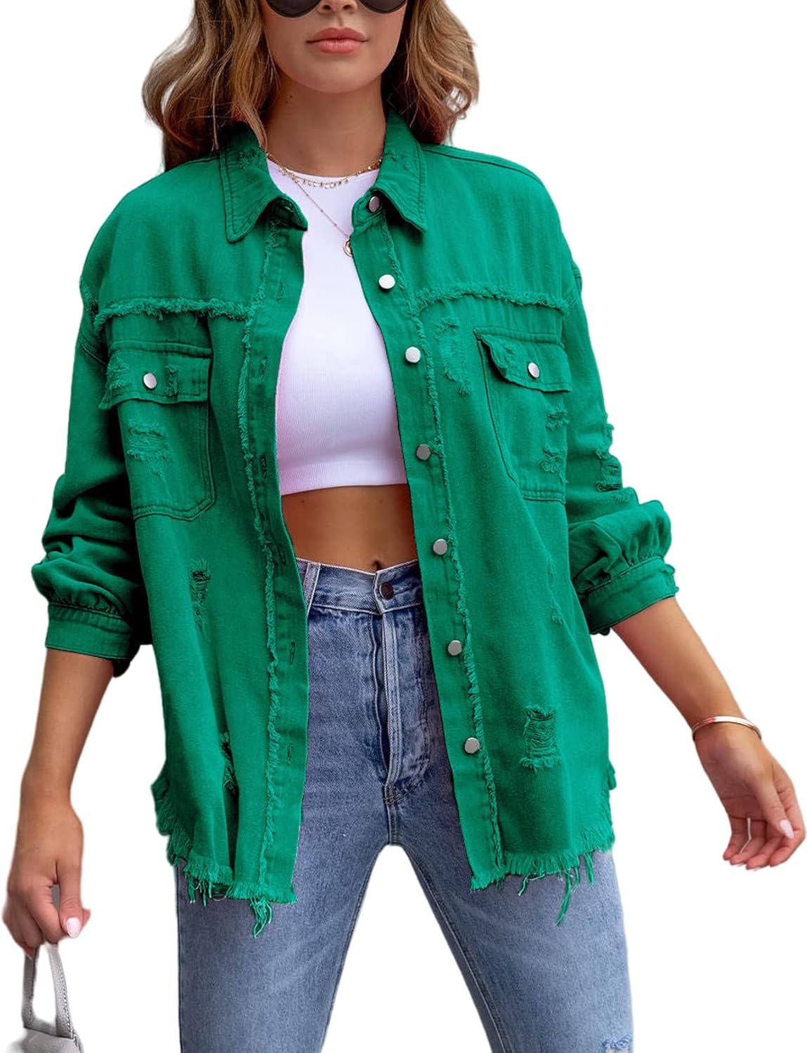 Perbai Womens Oversized Ripped Denim Jacket for Trendy Style