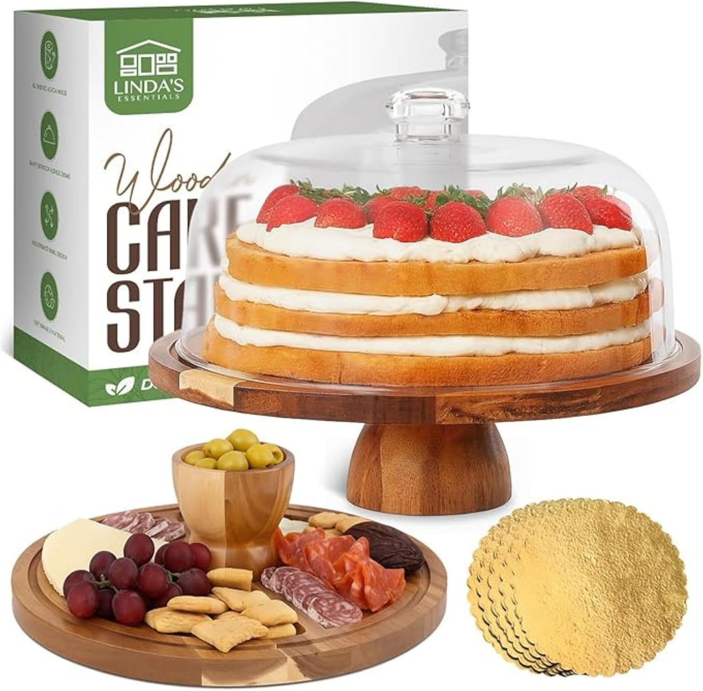 Acacia Wood Cake Stand with Lid - 12 Inch Round Holder