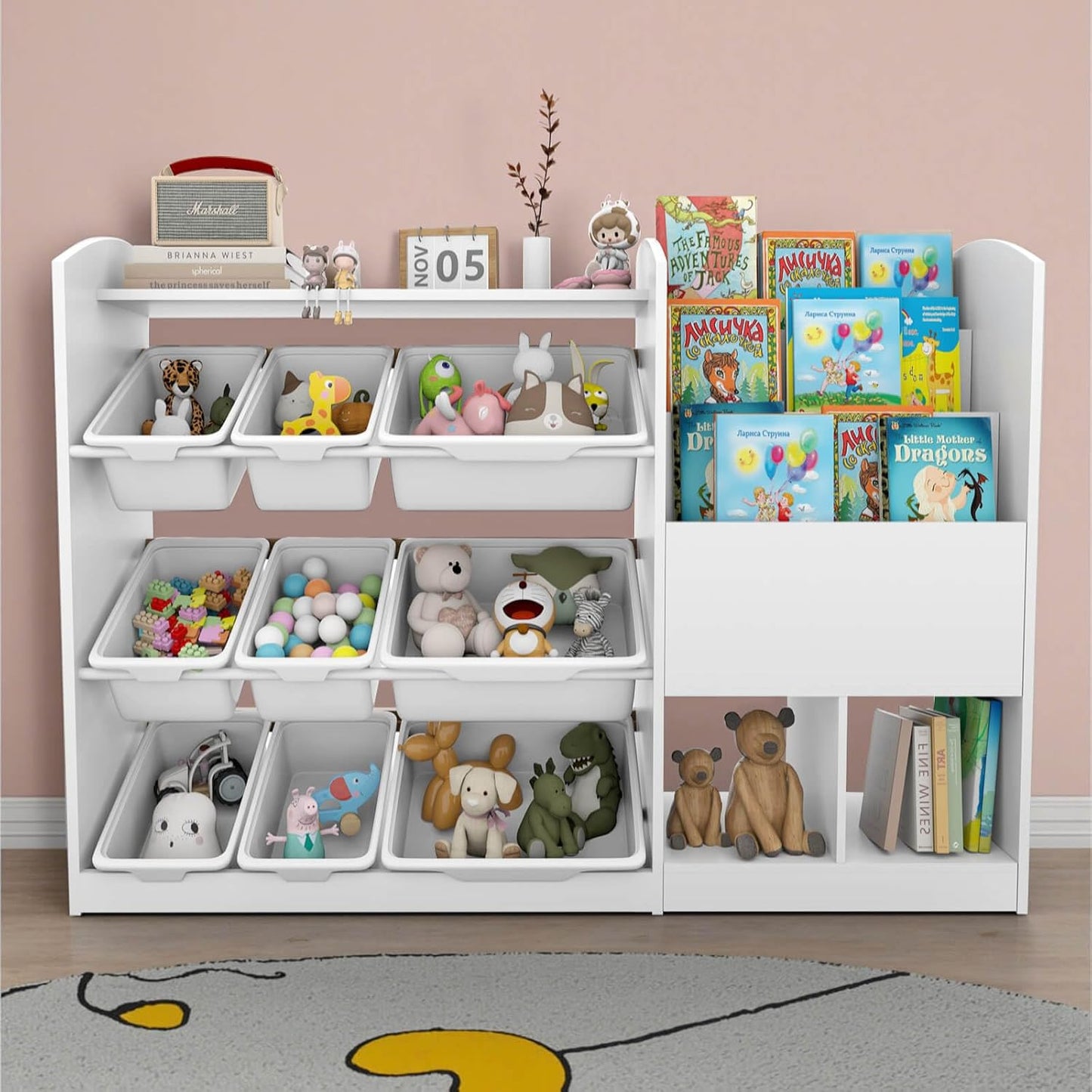 Toy Storage Organizer with Bookshelf for Kids Rooms and Nurseries