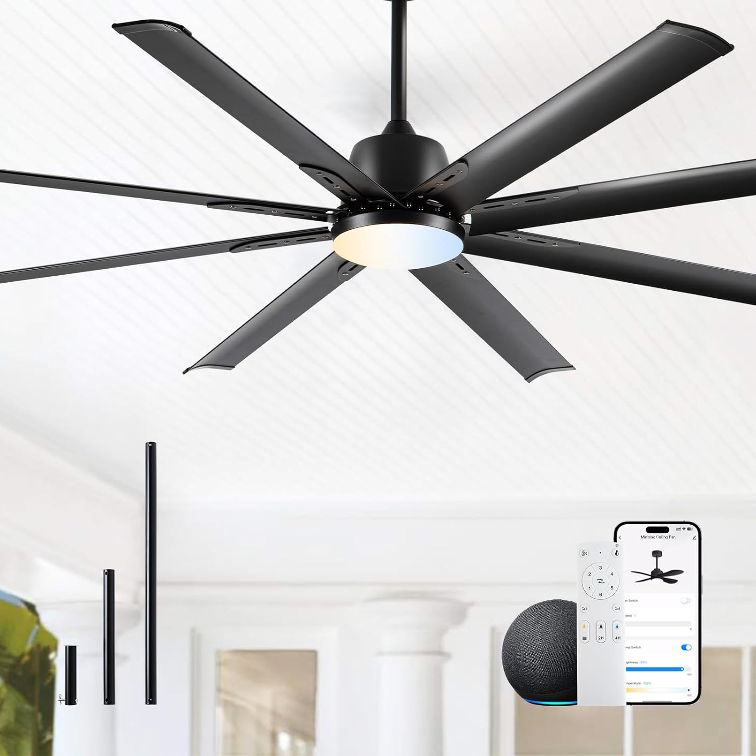72 Inch Industrial Smart Ceiling Fan with Light and Remote Control