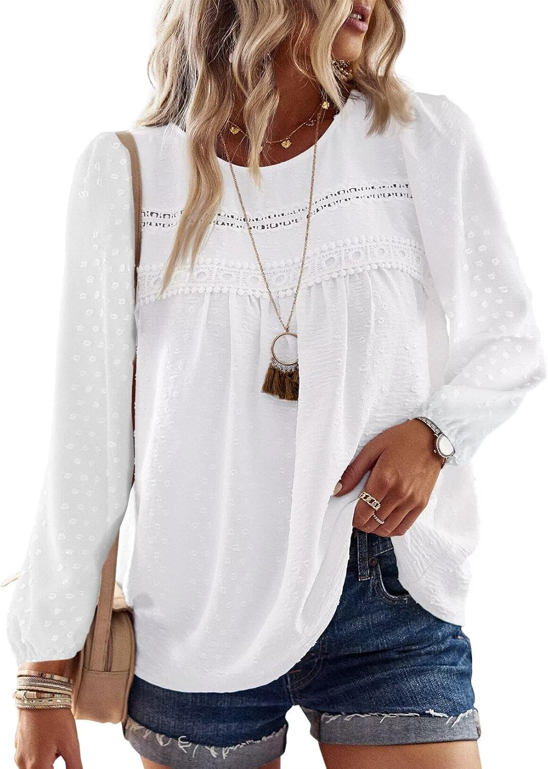 Womens Fall Tops Crewneck Long Sleeve Casual Chiffon Blouses