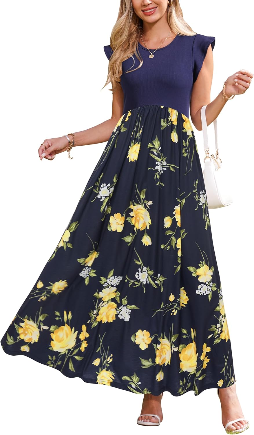 OUGES Maternity Sleeveless Ribbed Maxi Dress with Pockets