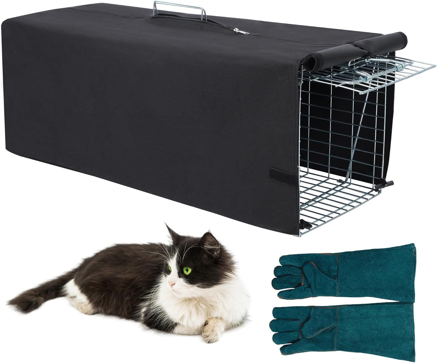 Live Animal Trap Cage with Cover and Gloves for Stray Cats