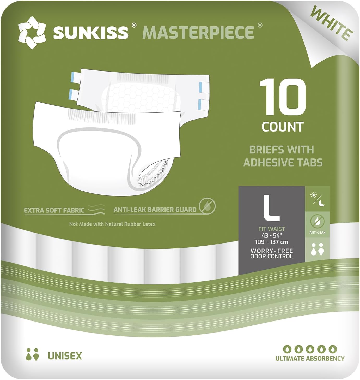 SUNKISS Odor Control Adult Diapers - 10 Large Briefs