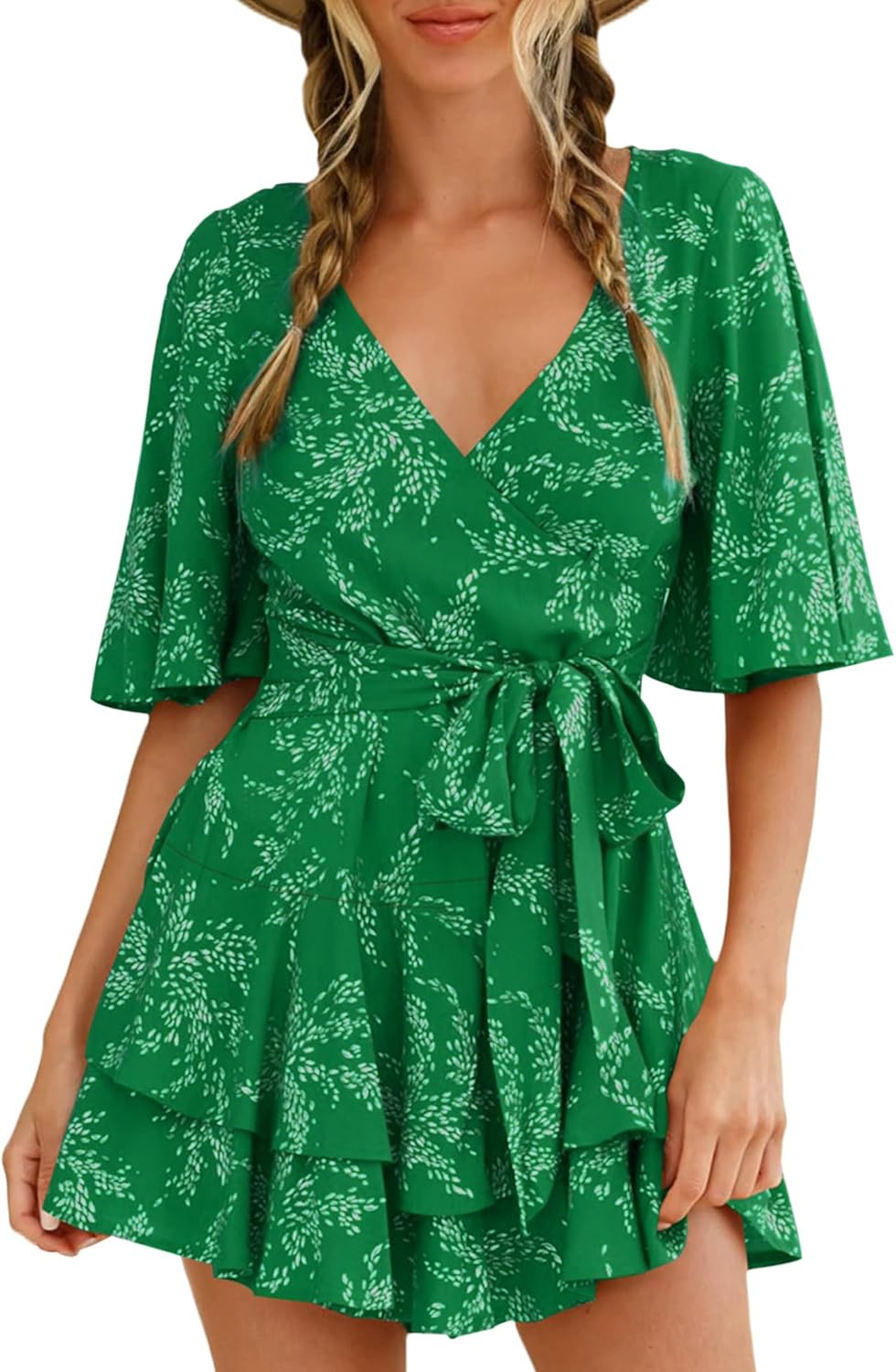 Floral V Neck Summer Romper for Women with Waist Tie Knot