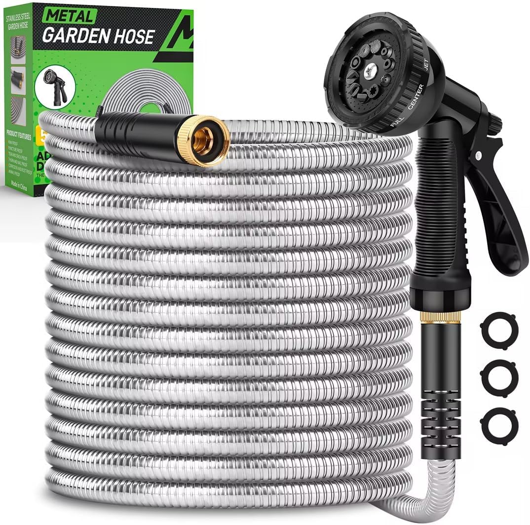 Heavy Duty 100ft Stainless Steel Garden Hose with 10 Nozzles