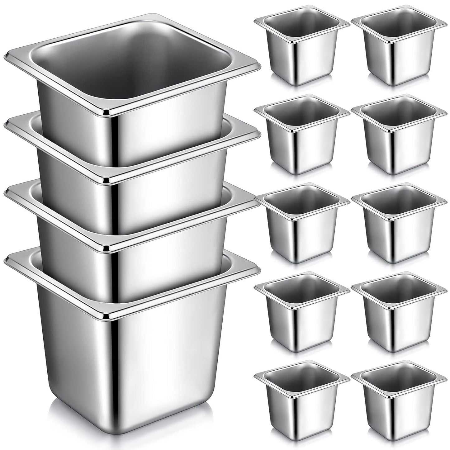 16 Pcs 1/6 Pan 6 Inch Deep Stainless Steel Food Prep Trays