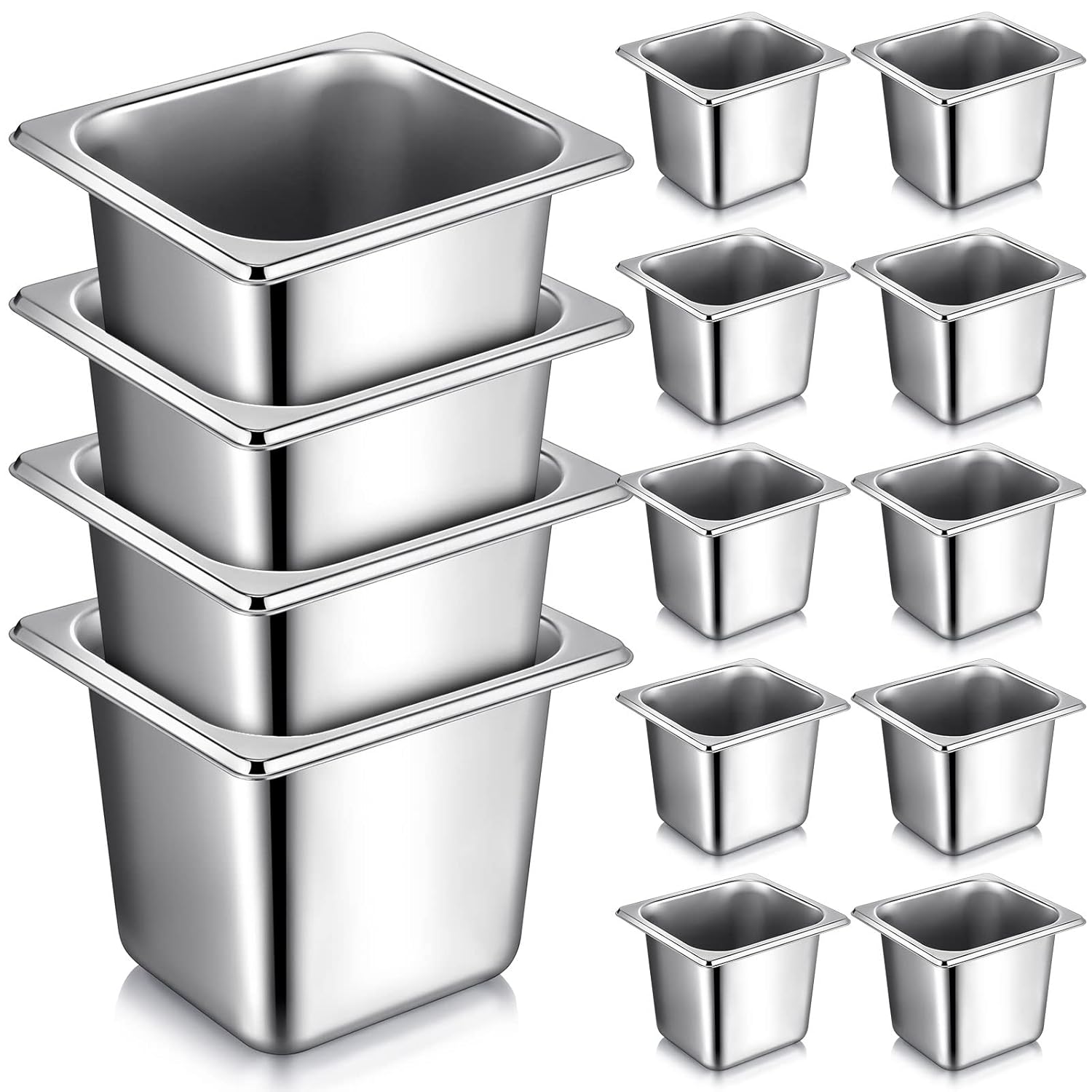 16 Pcs 1/6 Pan 6 Inch Deep Stainless Steel Food Prep Trays