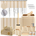 Beige Bathroom Accessories Set with Sequin Shower Curtain - Complete