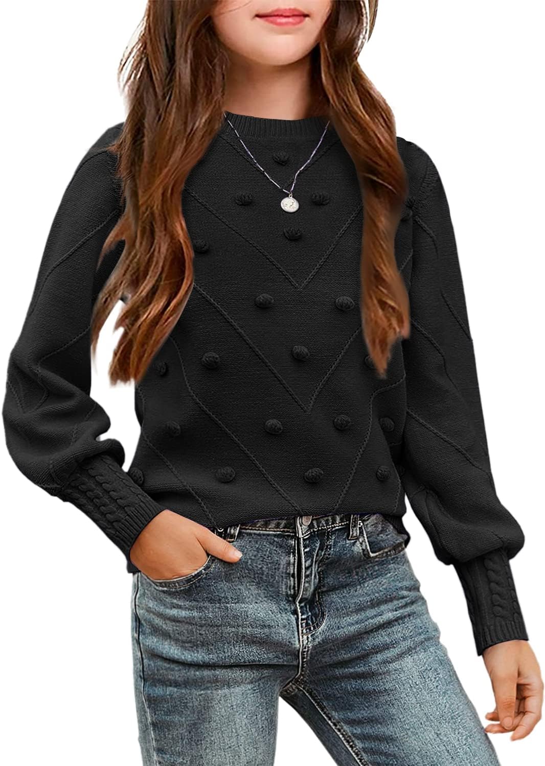 Arshiner Kid Girls Crew Neck Lantern Sleeve Sweater for Ages 5-13