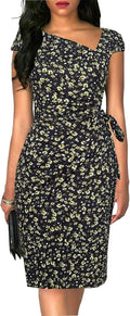Women's Vintage Cap Sleeve Asymmetrical Neckline Sheath Dress - Tie