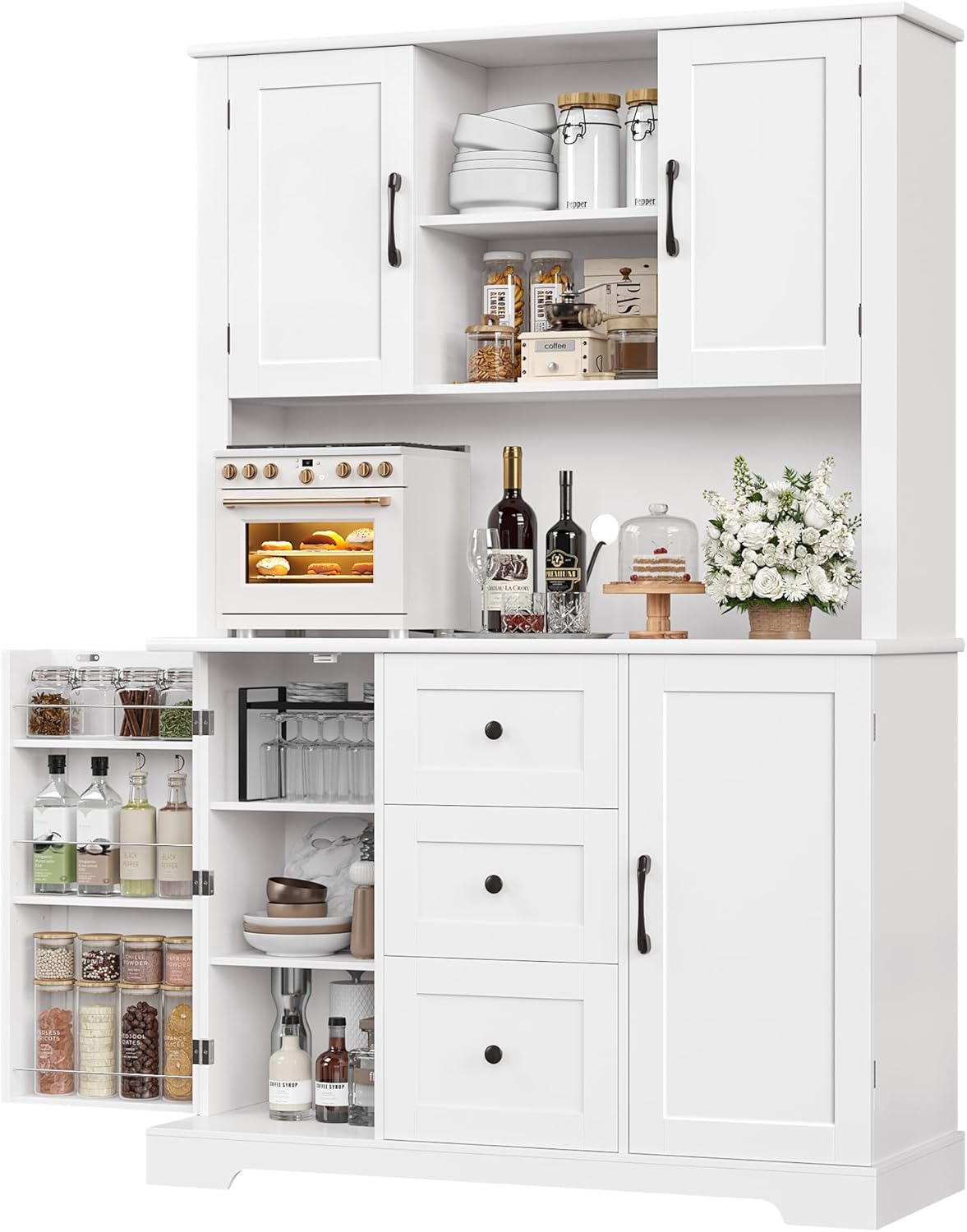 Tall Farmhouse Pantry Cabinet with Microwave Stand - White