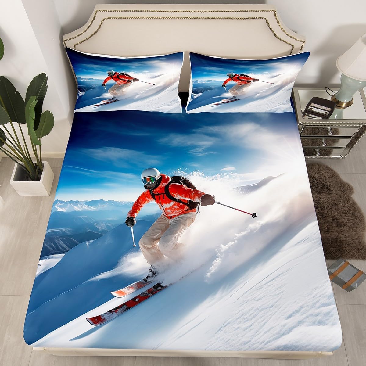 Skiing Themed Fitted Sheet Set for Sports Bedroom Decor