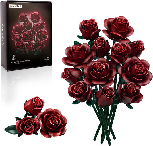 iATOM Burgundy Red Rose Bouquet Building Set for Home Decor