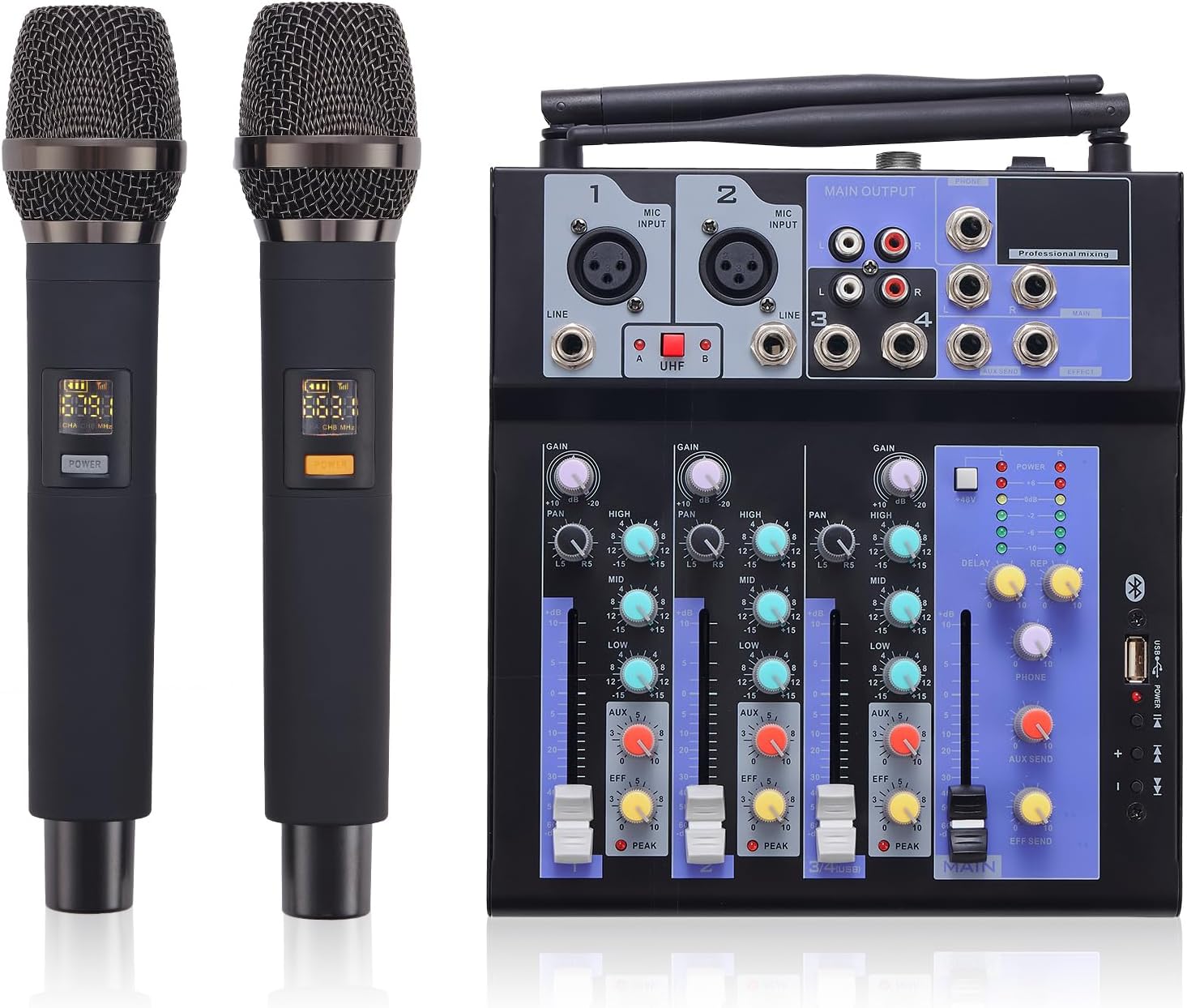 Professional Audio Mixer with Dual Wireless Mic for DJs