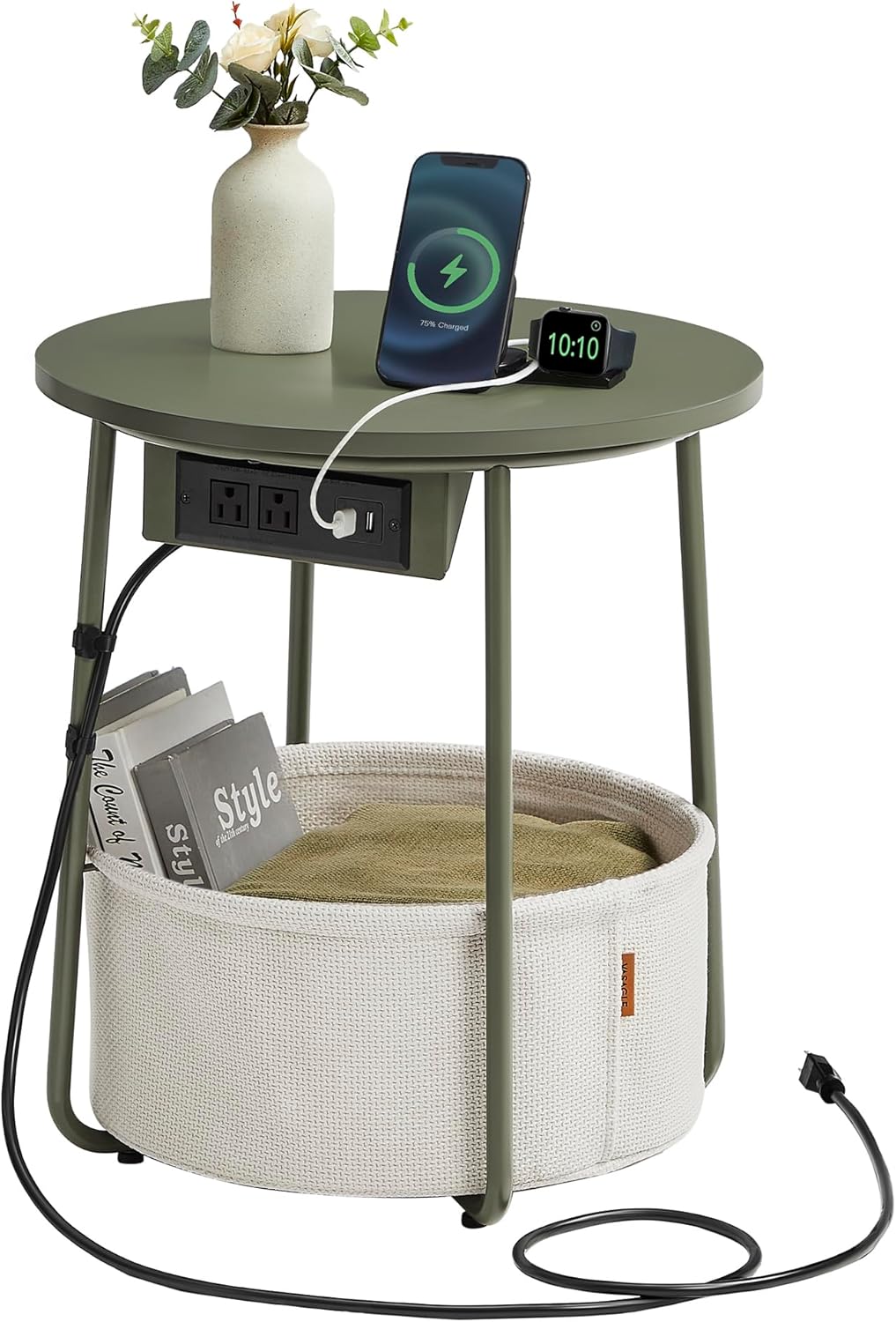 VASAGLE LILEA Round Side Table with Charging Station and Basket