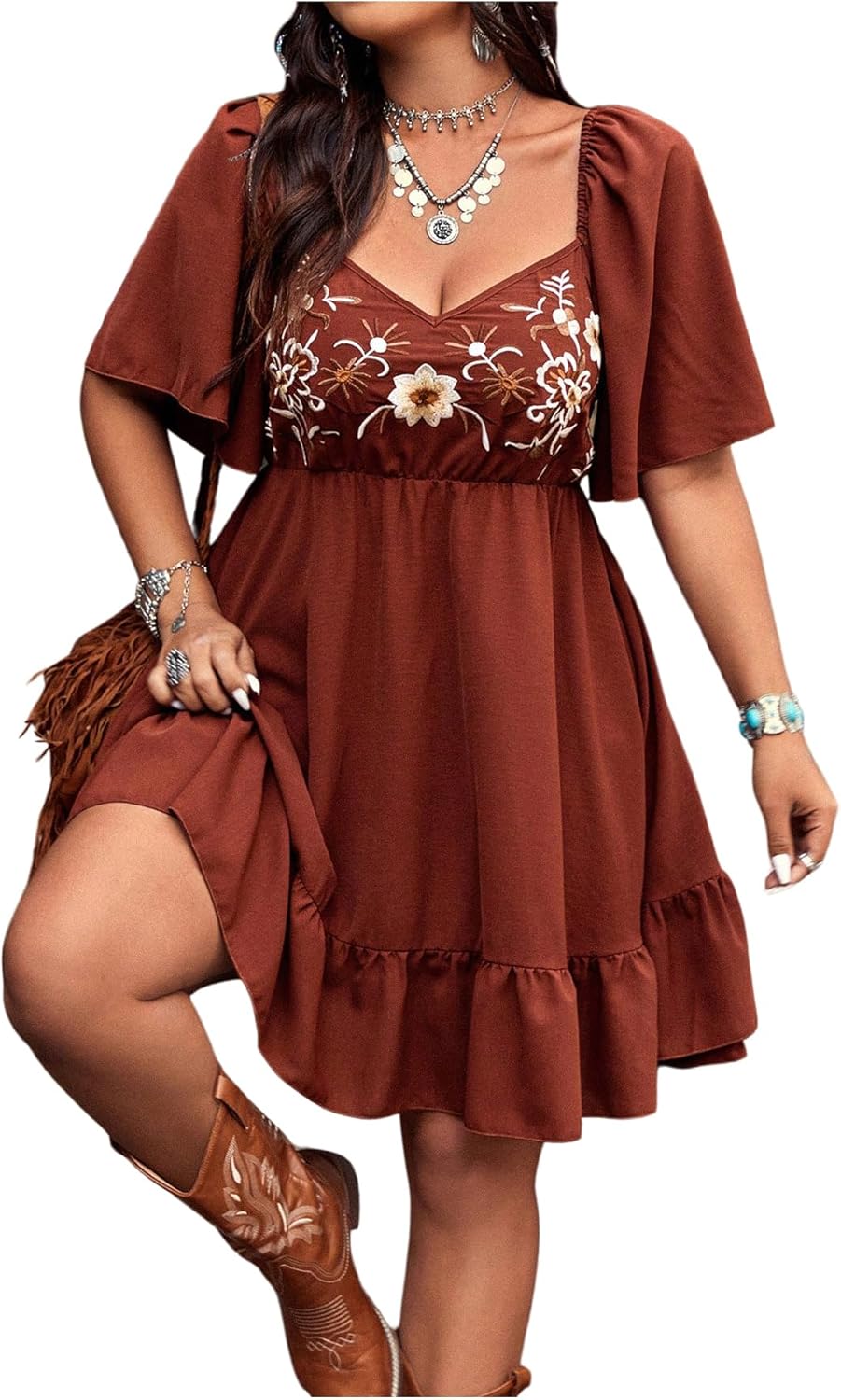 Plus Size Western Dress for Women with Floral Embroidery