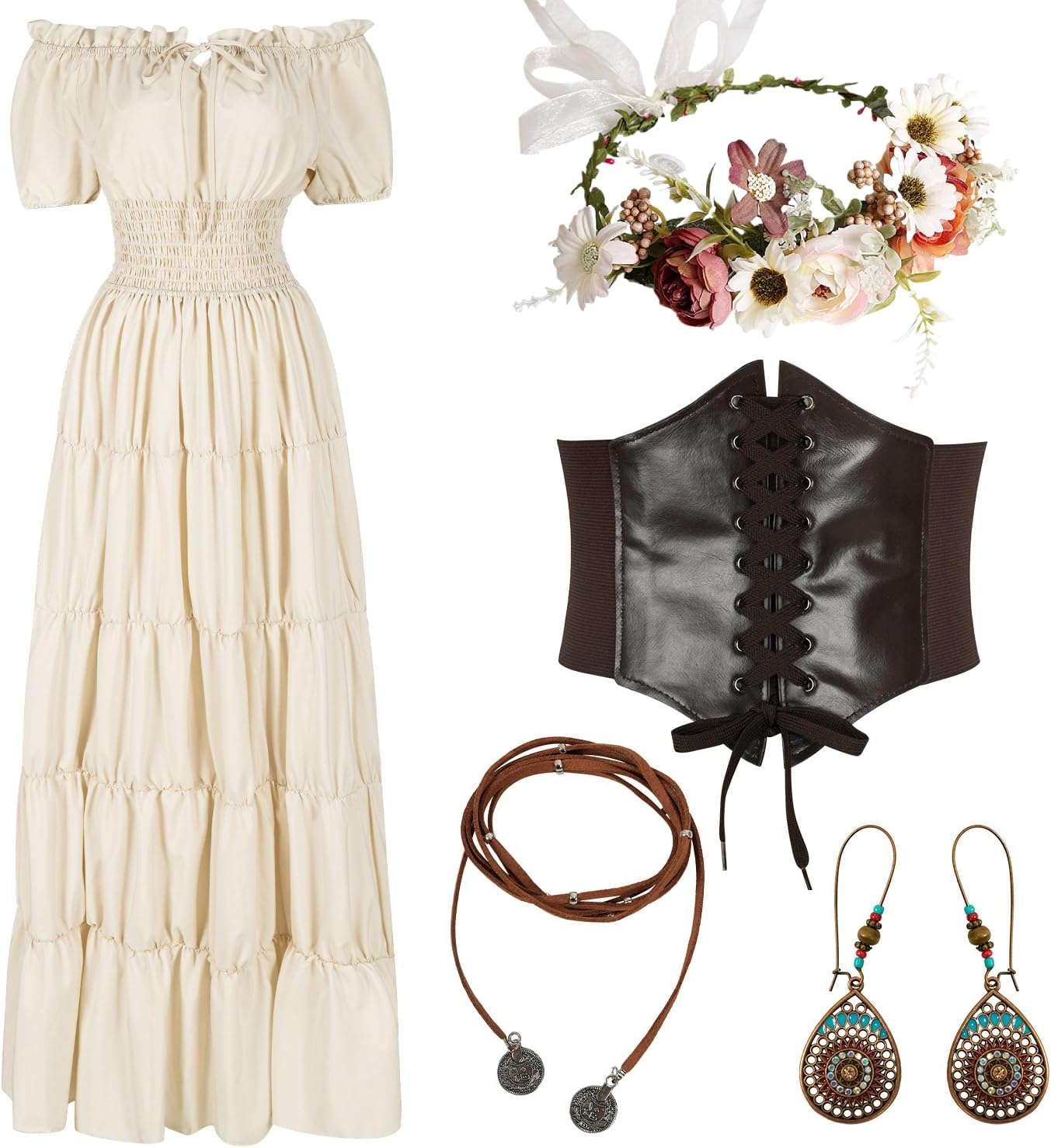 5 Pcs Renaissance Medieval Costume Dress for Women Fairy Look