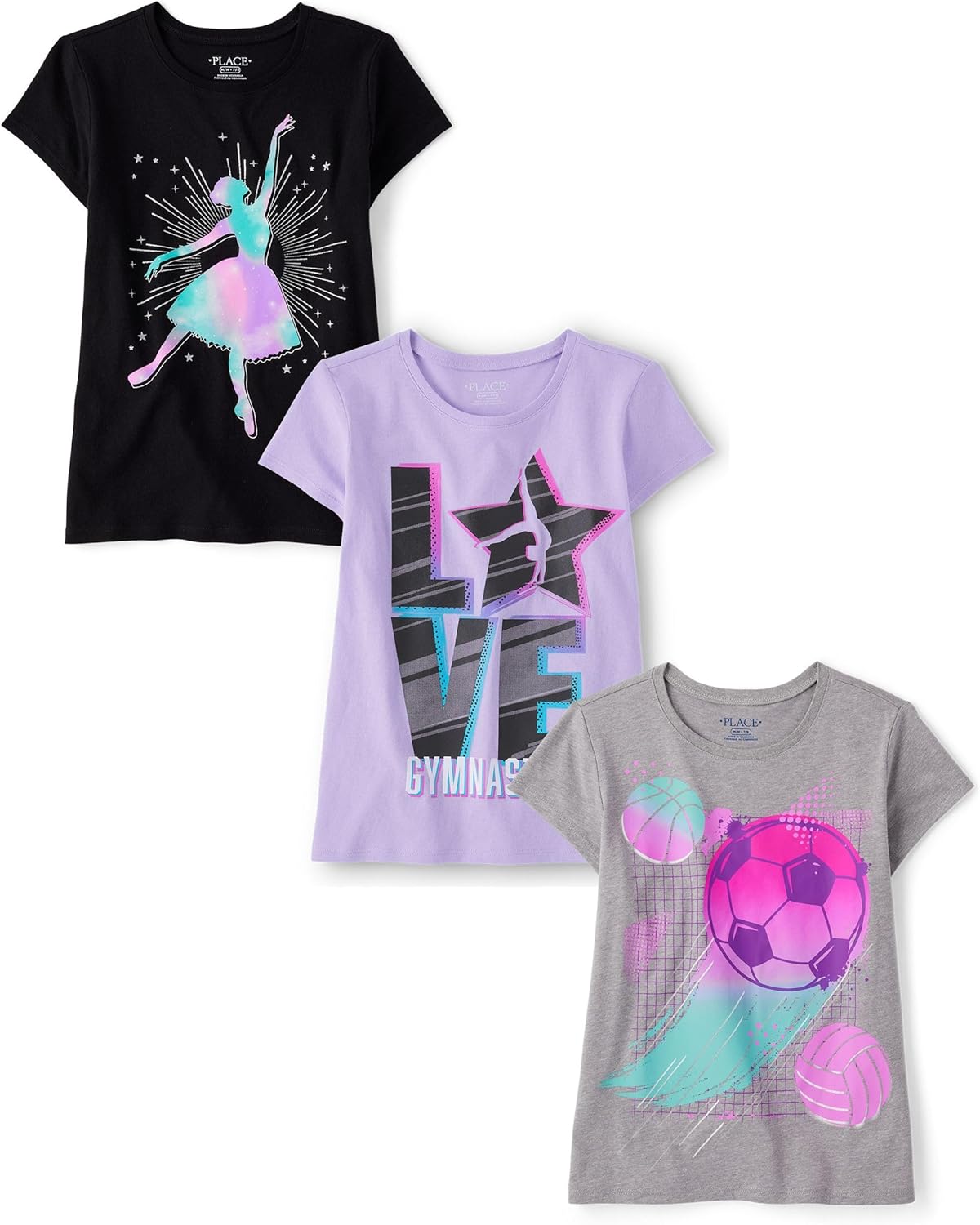 Girls Sports Graphic T-Shirts 3 Pack for Active Kids