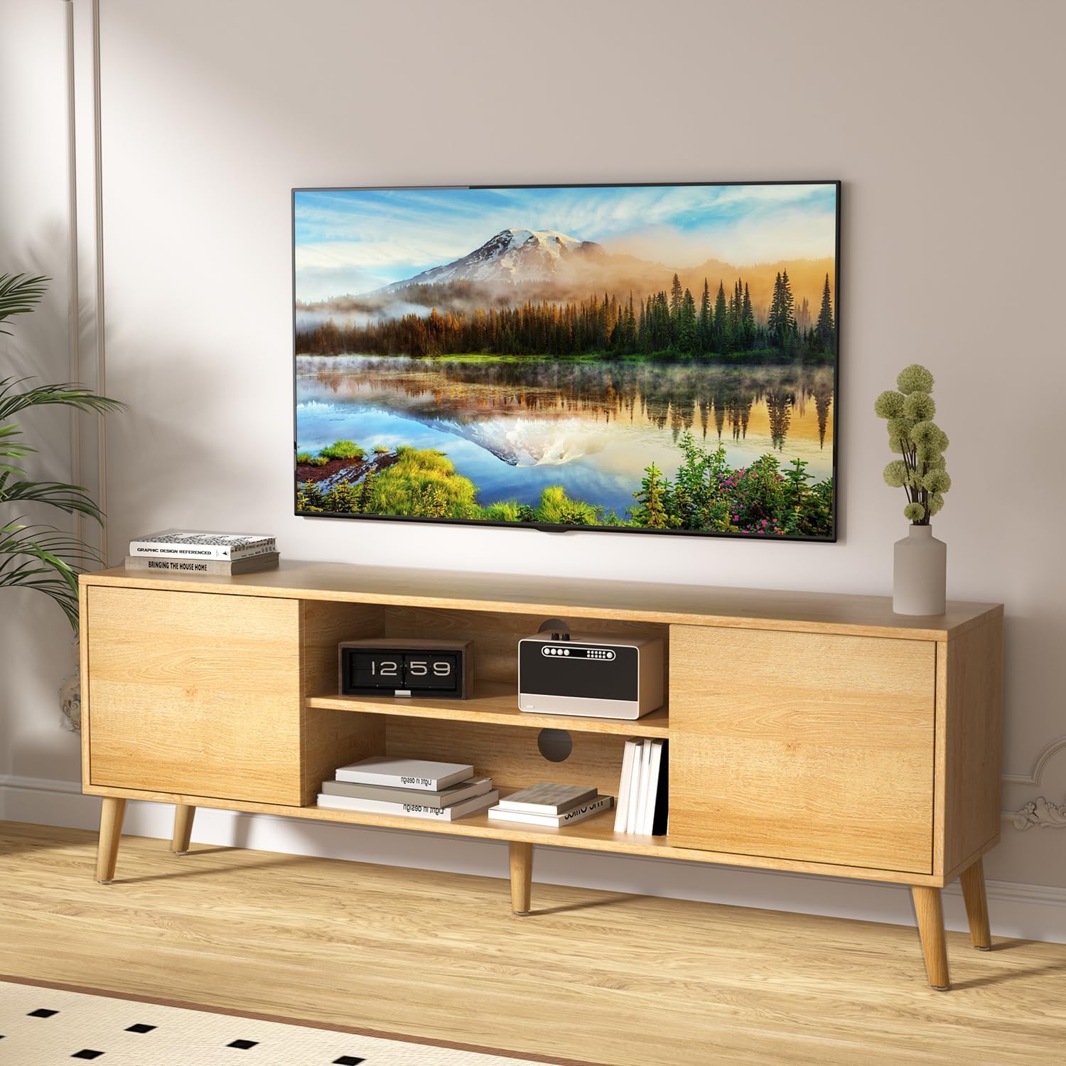 Adjustable Shelf TV Stand: Stylish Media Console for 65 TVs - Yellow Oak