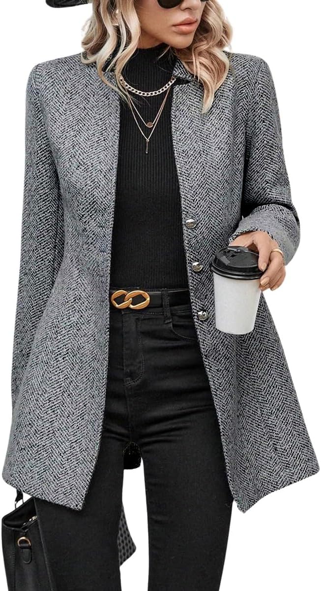 Chouyatou Women's Business Casual Herringbone Wool Coat Blazer