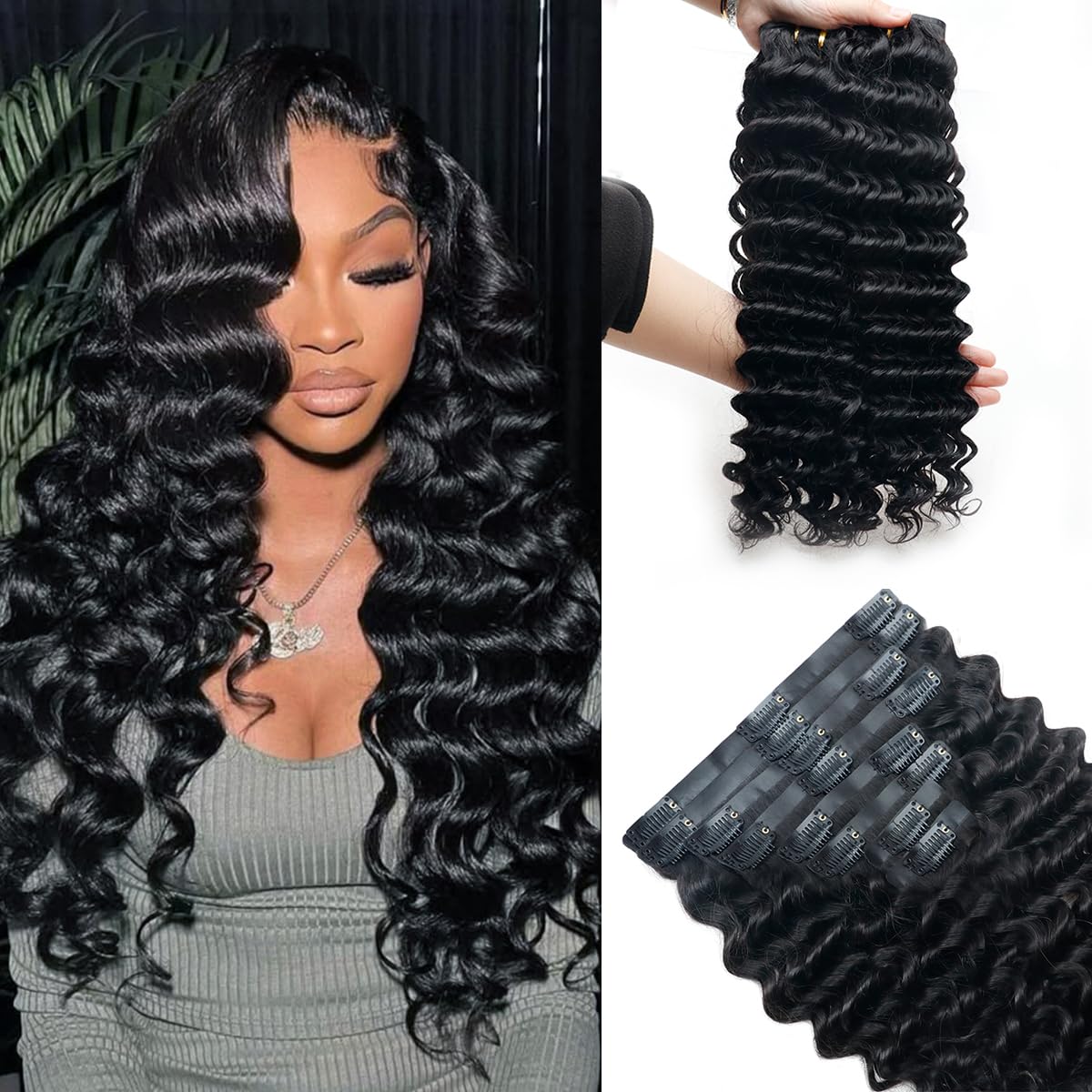 Deep Wave Clip in Hair Extensions for Women - Natural Black 14in