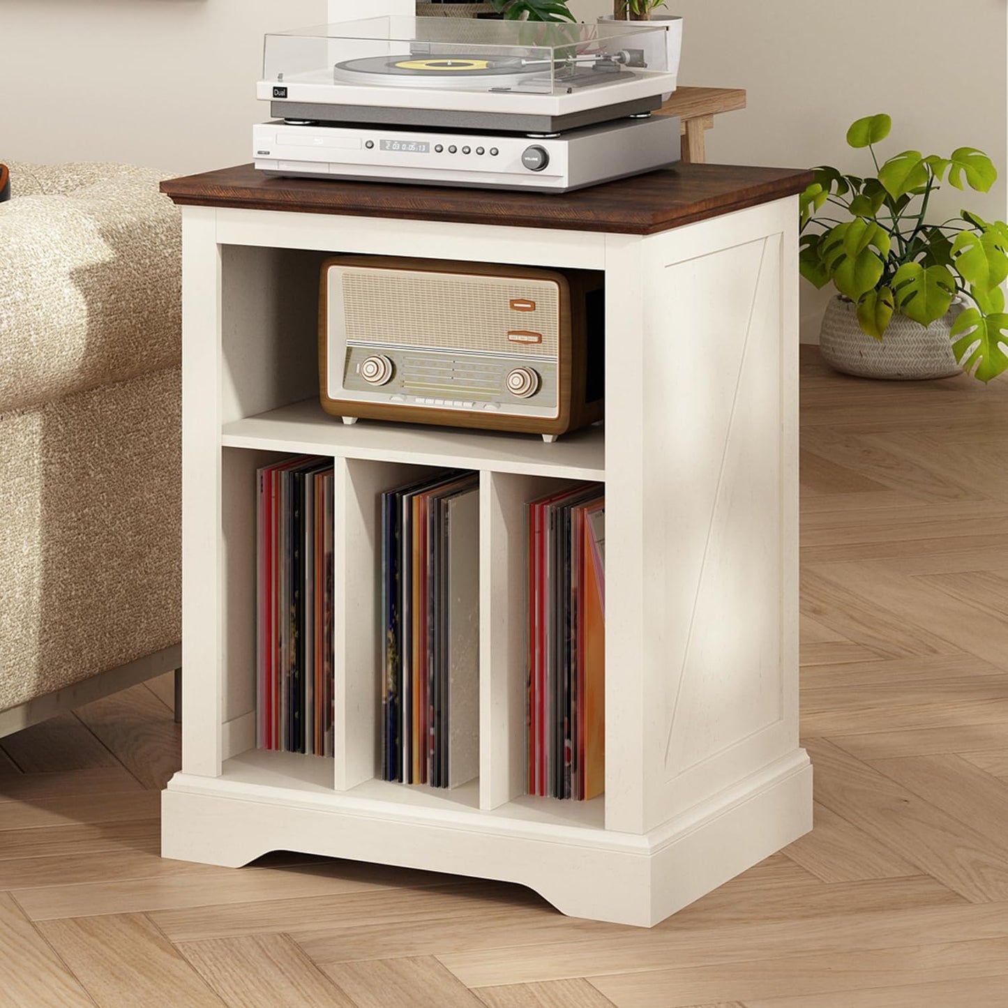 Farmhouse Record Player Stand with Vinyl Storage and Style