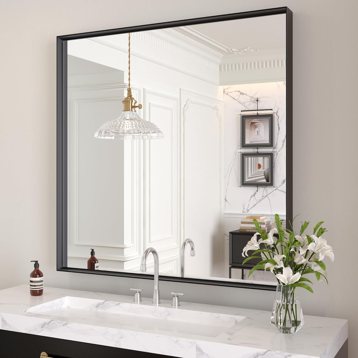 LOAAO Black Bathroom Mirror 32inX32in for Modern Spaces
