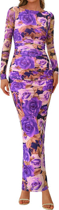 PRETTYGARDEN Long Sleeve Bodycon Maxi Dress - Floral Mesh Ruched
