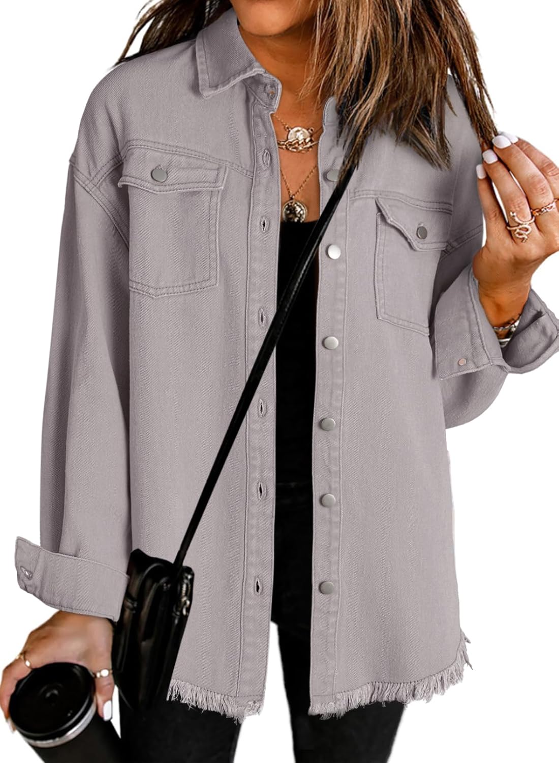Oversized Denim Jacket for Women - Casual Long Sleeve Style