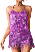 Sequin Fringe Romper for Women - Light Purple Backless Jumpsuit