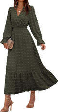 Women Fall Maxi Dress V Neck Swiss Dots A-Line Ruffle - Flowy Fit