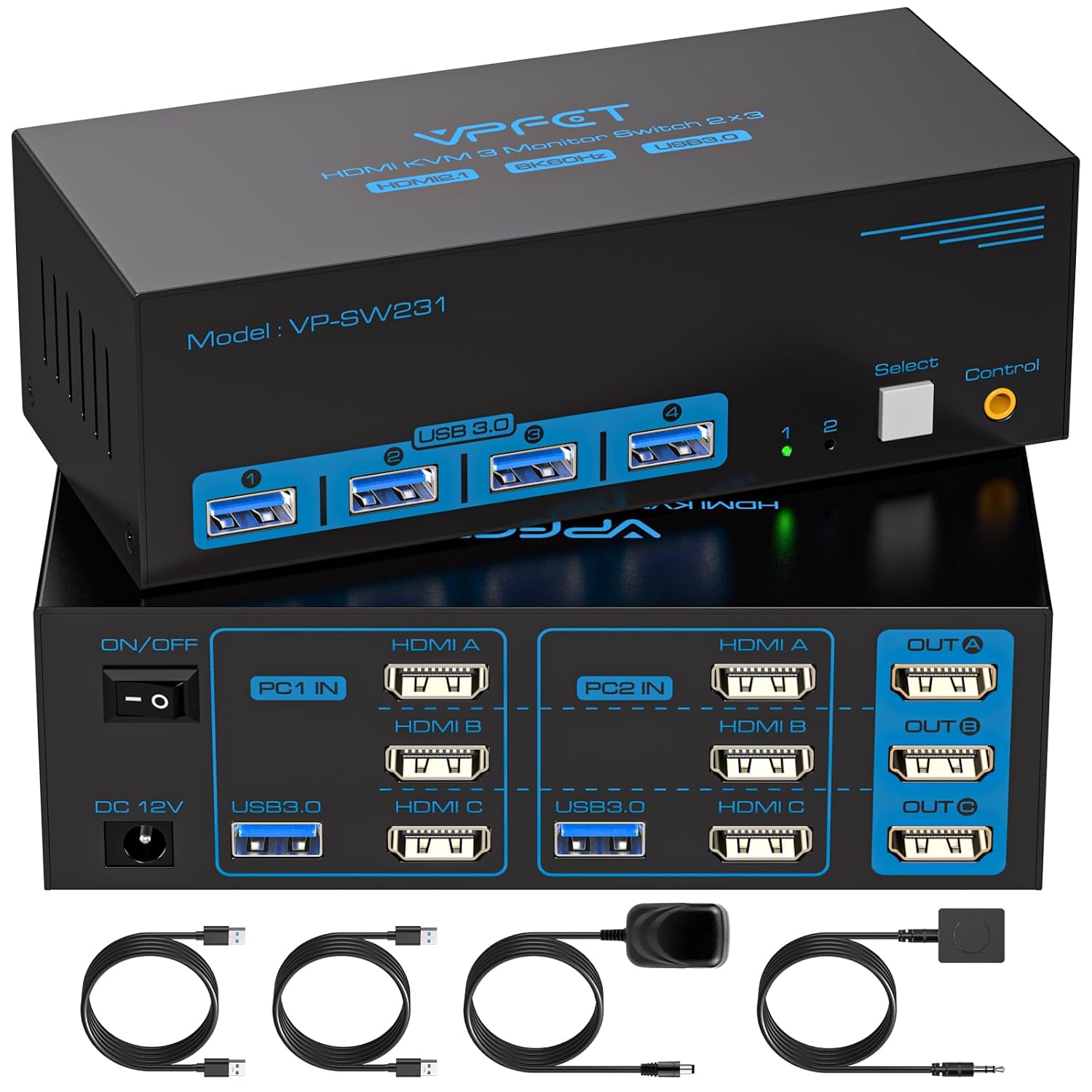 8K@60Hz HDMI KVM Switch for 3 Monitors and 2 Computers