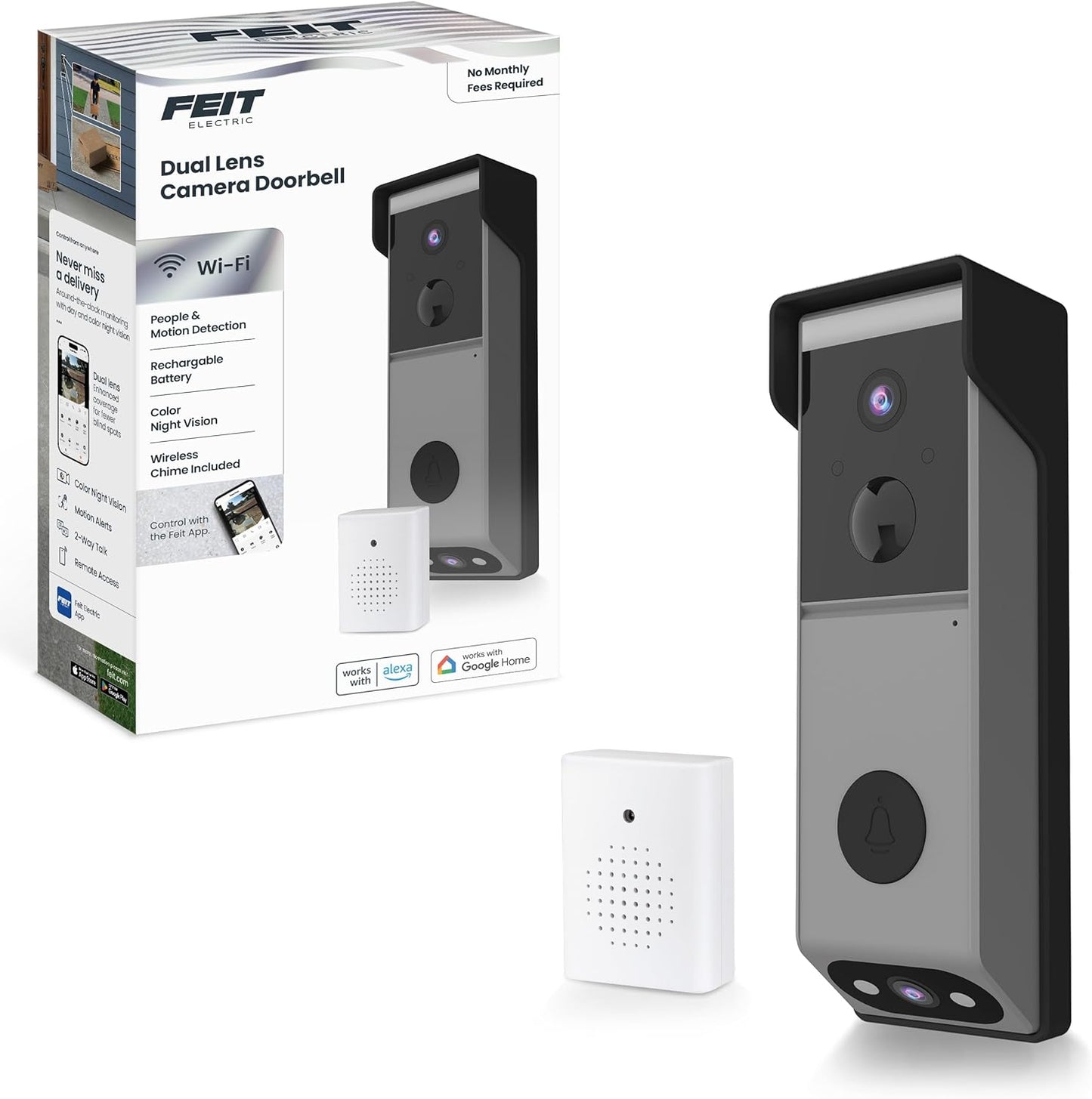 Feit Electric Smart Doorbell: HD Camera, Night Vision, AI Detection