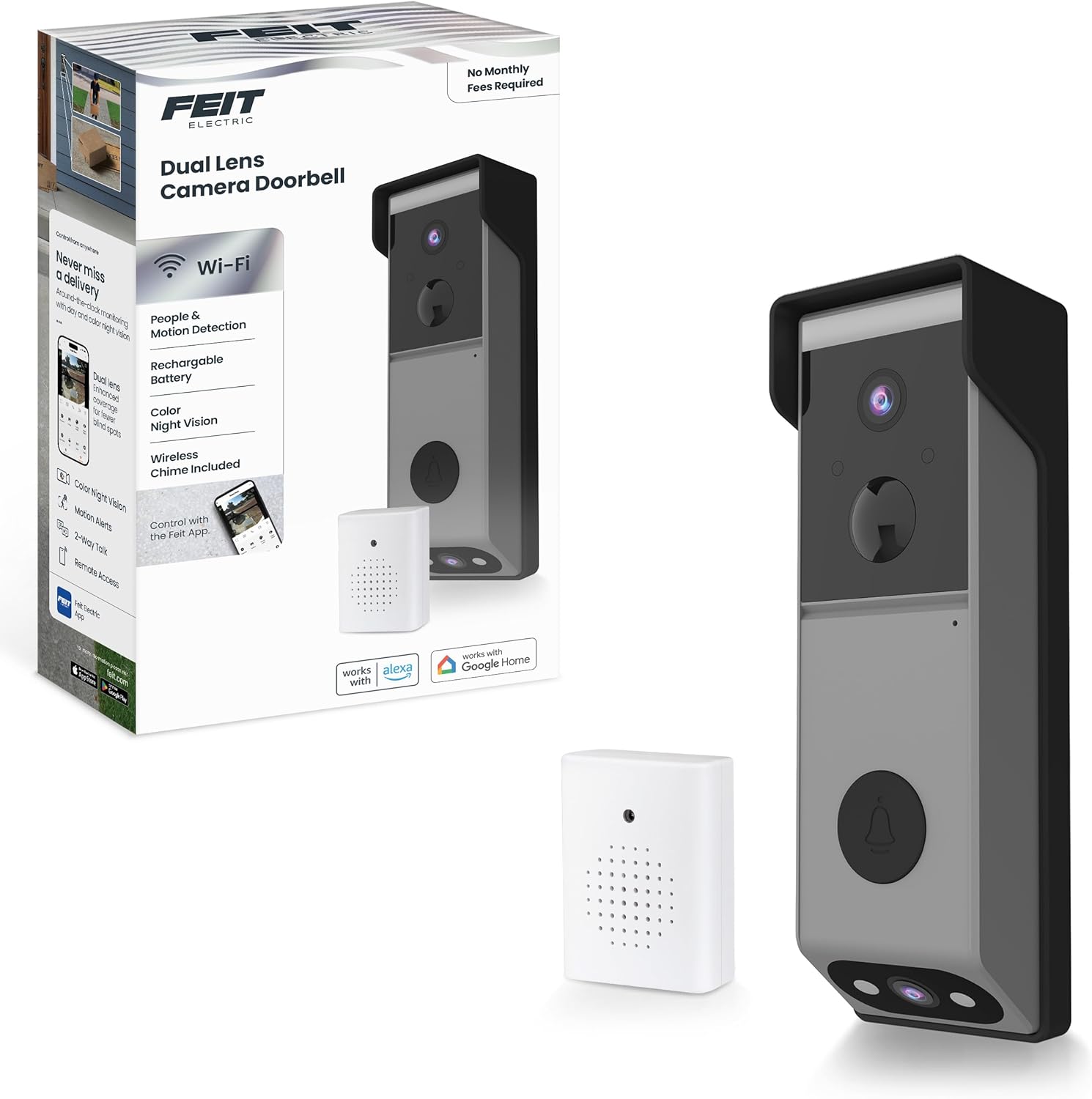 Feit Electric Smart Doorbell: HD Camera, Night Vision, AI Detection