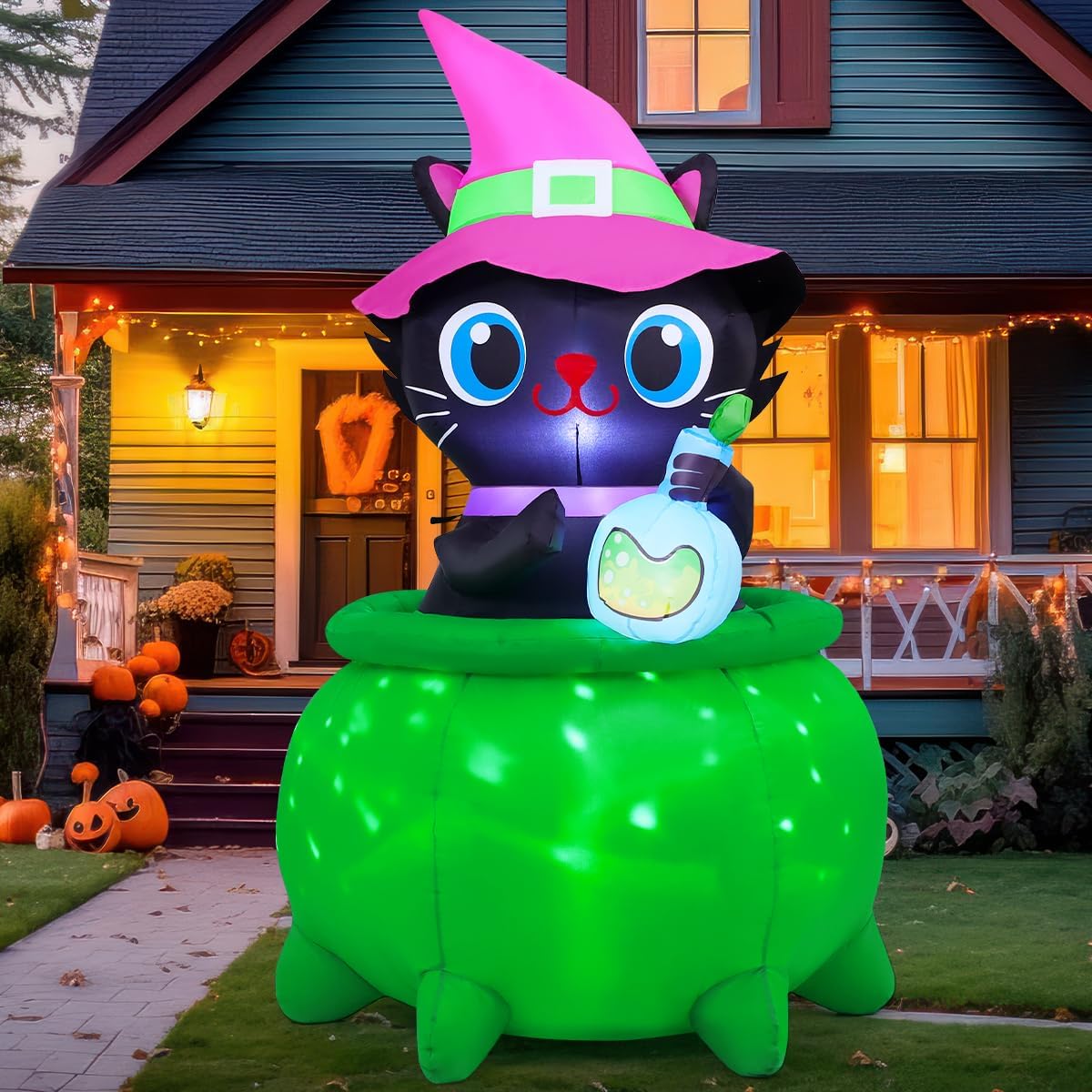 GOOSH 6 FT Halloween Inflatables Cat with Witch Cauldron Decor