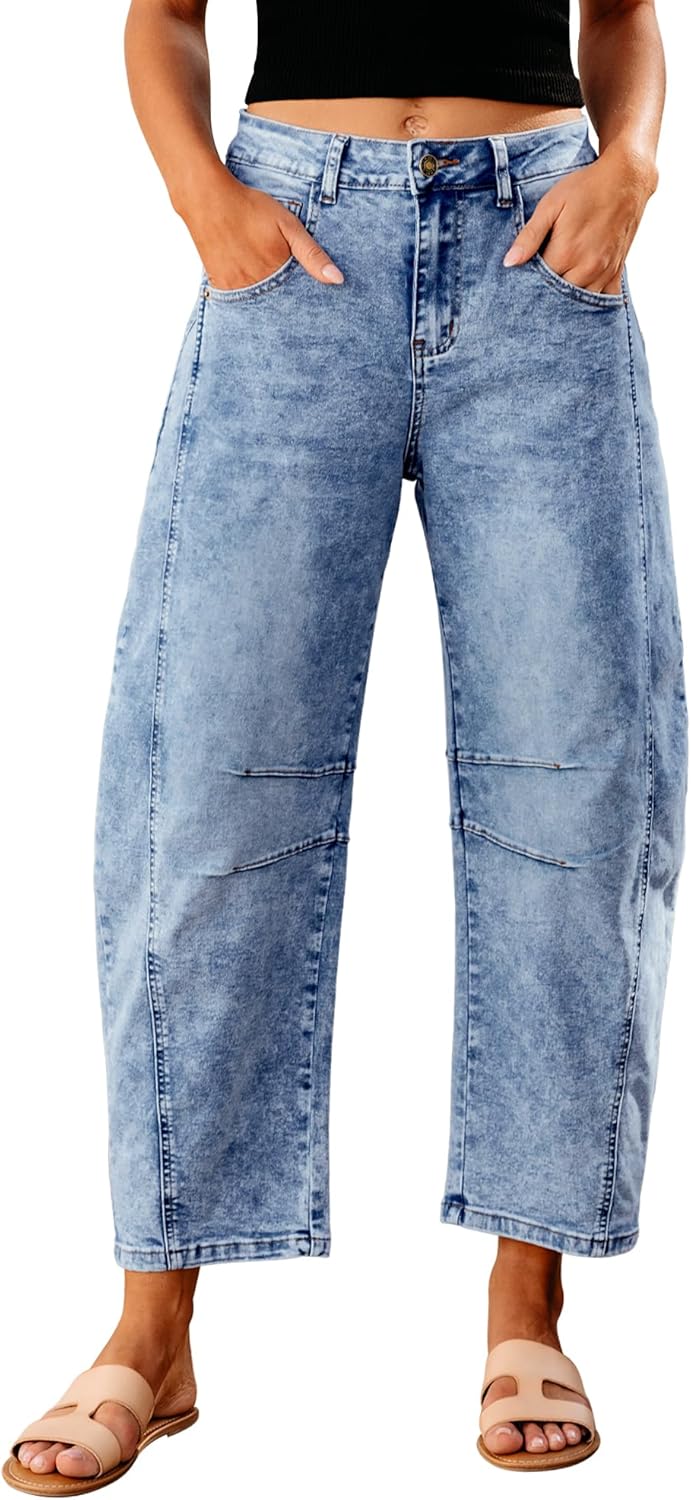 Trendy High Waisted Wide Leg Baggy Cropped Barrel Jeans for Women