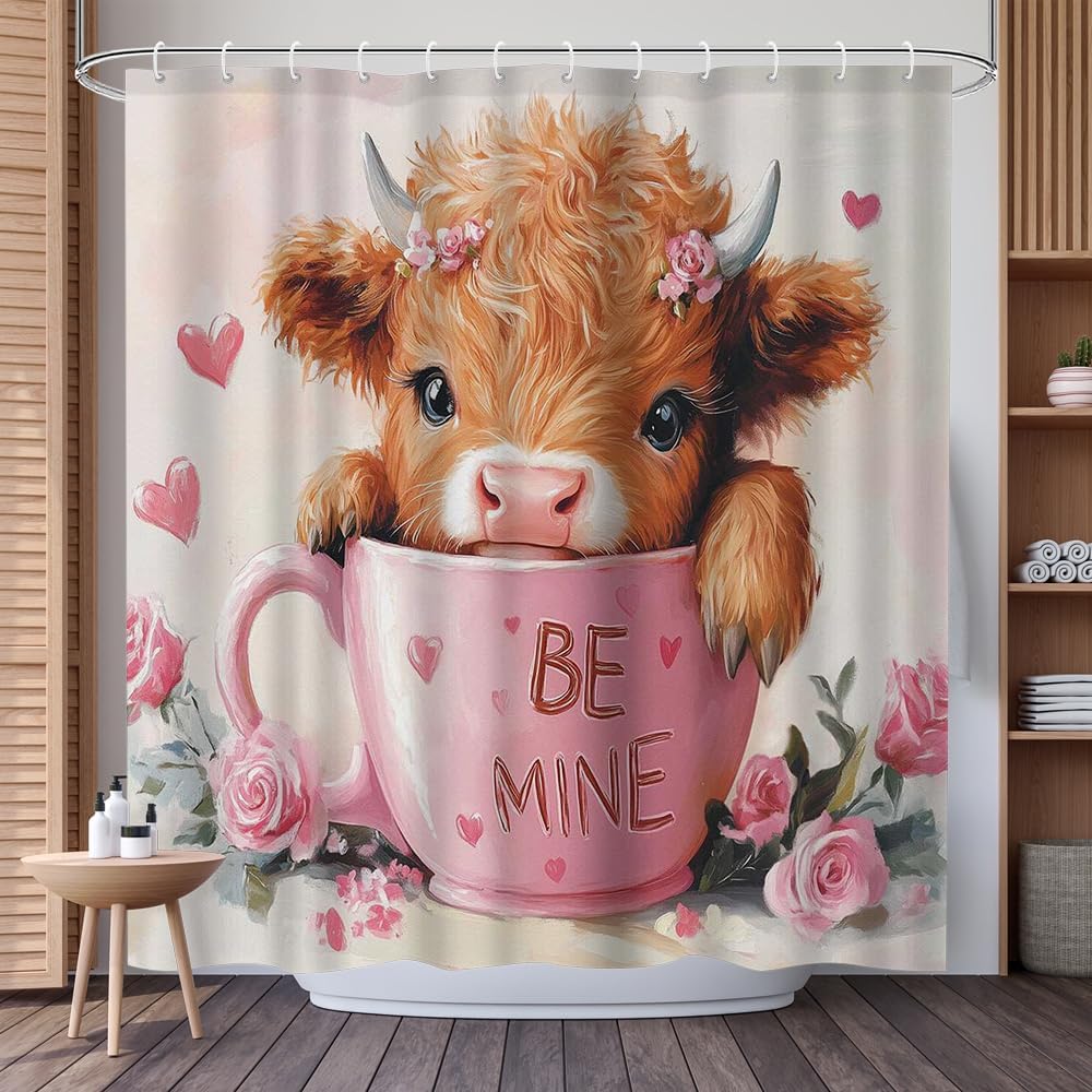 Romantic Highland Cow Shower Curtain - Pink Floral Design