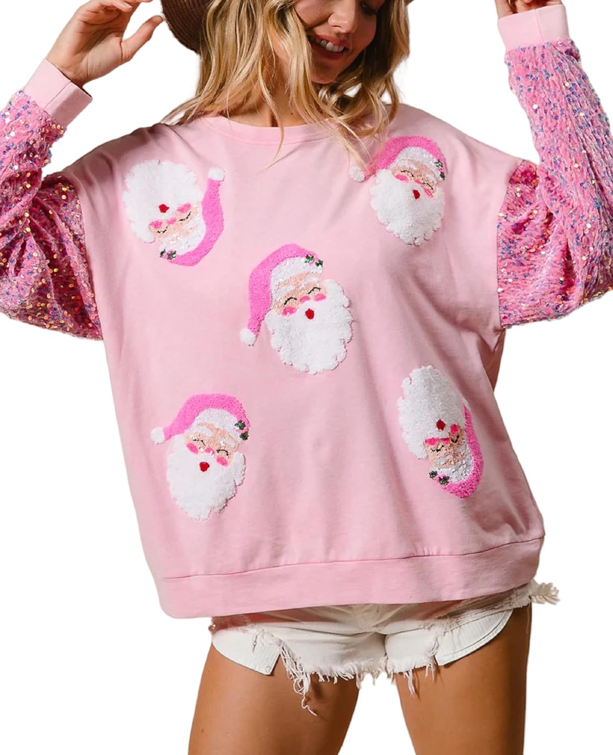 NUFIWI Women Christmas Sweatshirt with Sequined Long Sleeves