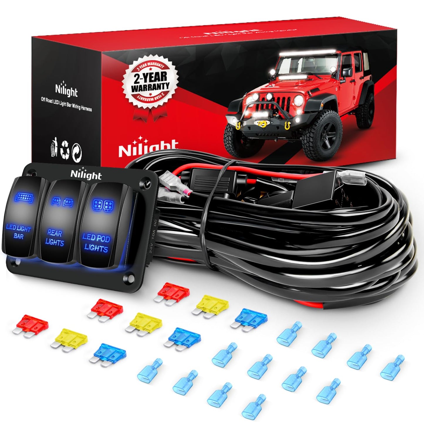 Nilight 16AWG LED Light Bar Wiring Harness Kit for Vehicles