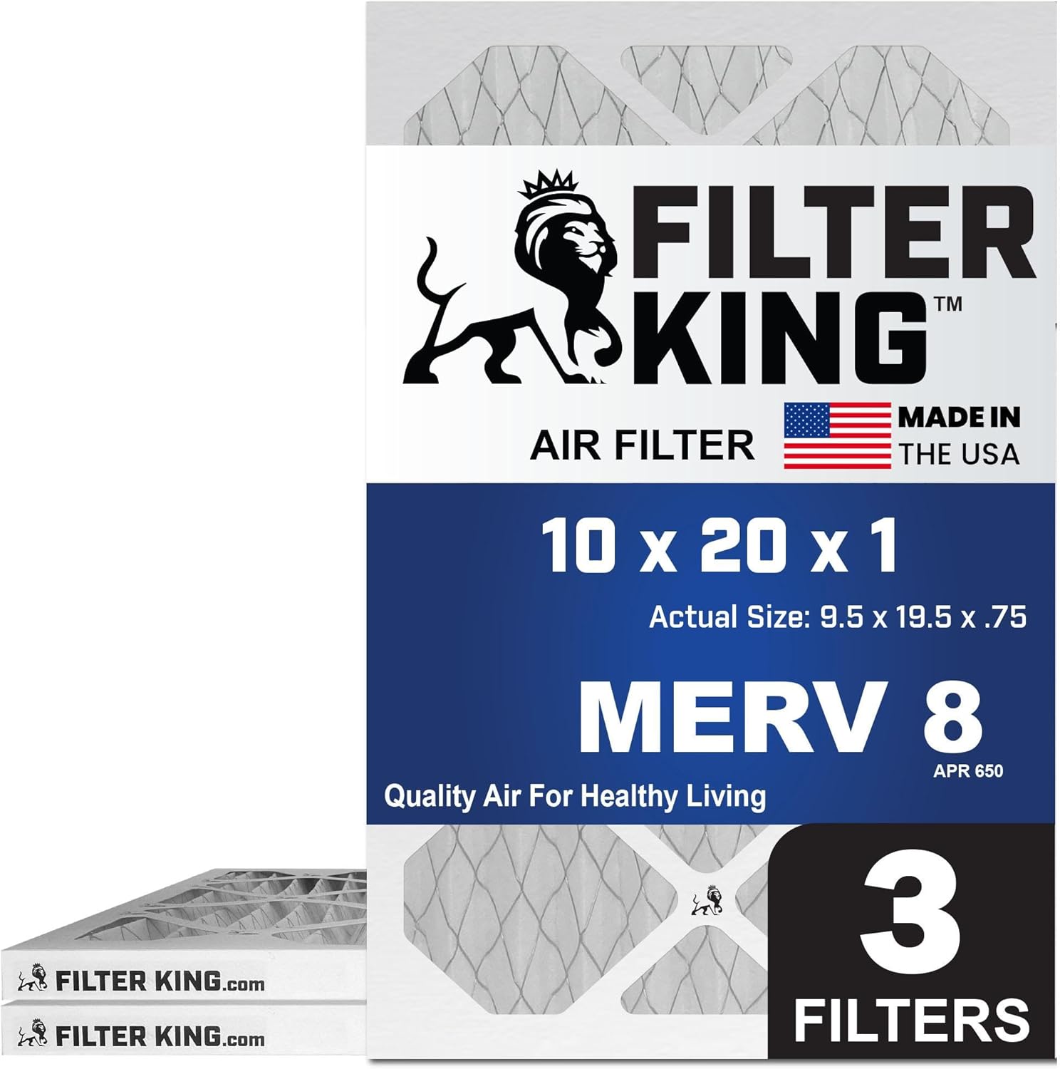 MERV 8 Air Filter 10x20x1 by Filter King - 3-Pack Quality