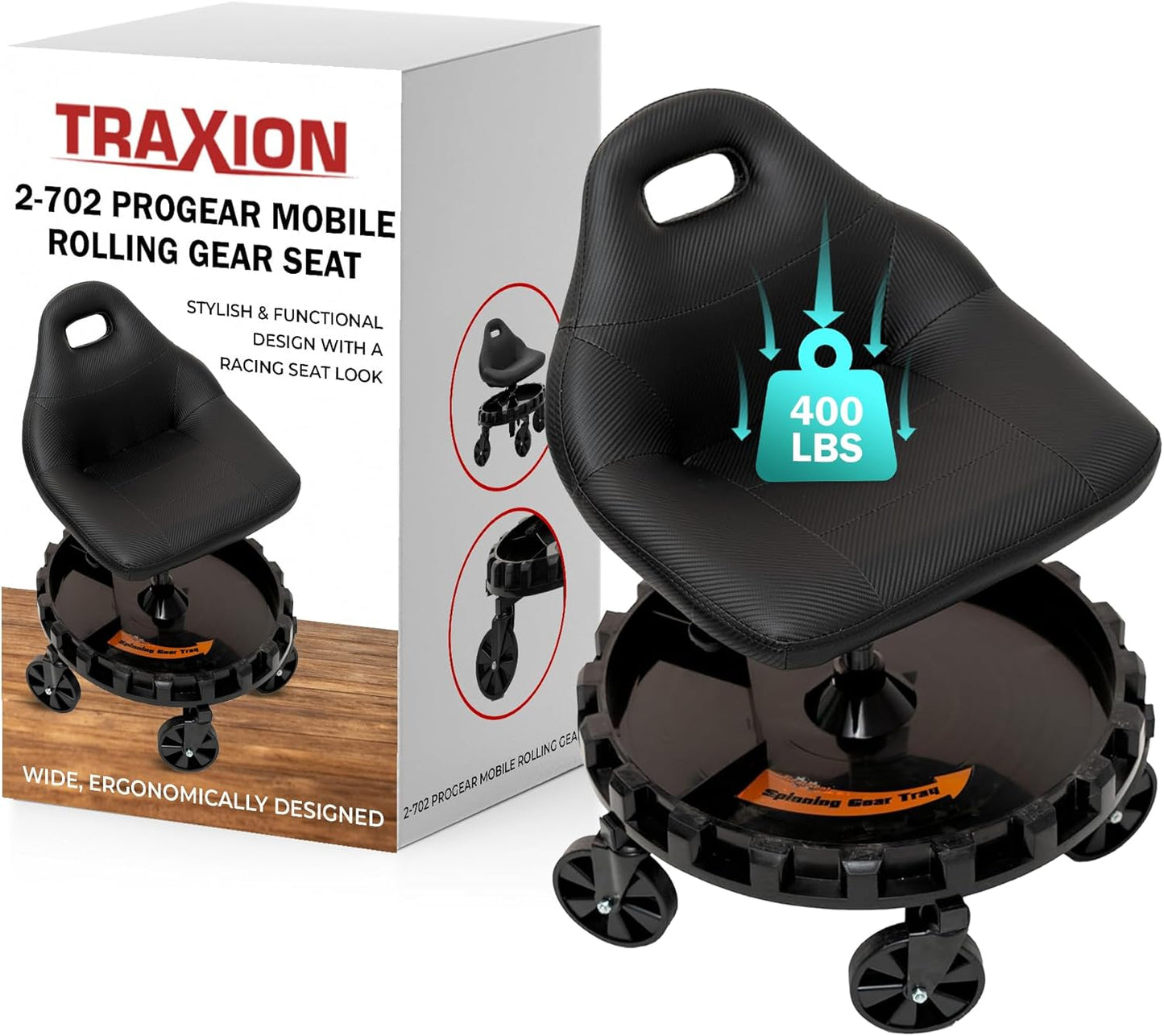 Traxion 400lb Capacity Mobile Rolling Gear Seat for Comfort