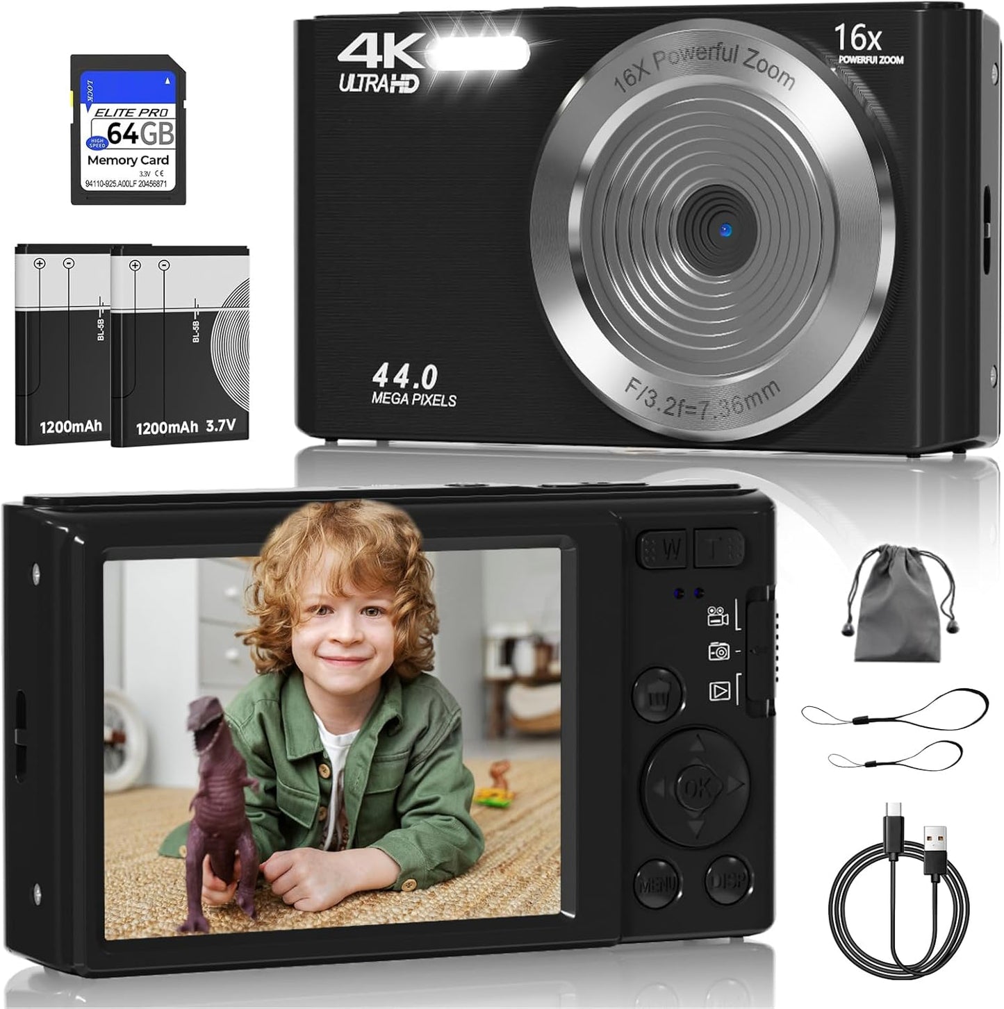 44MP 4K Digital Camera with 16X Zoom for Kids and Teens
