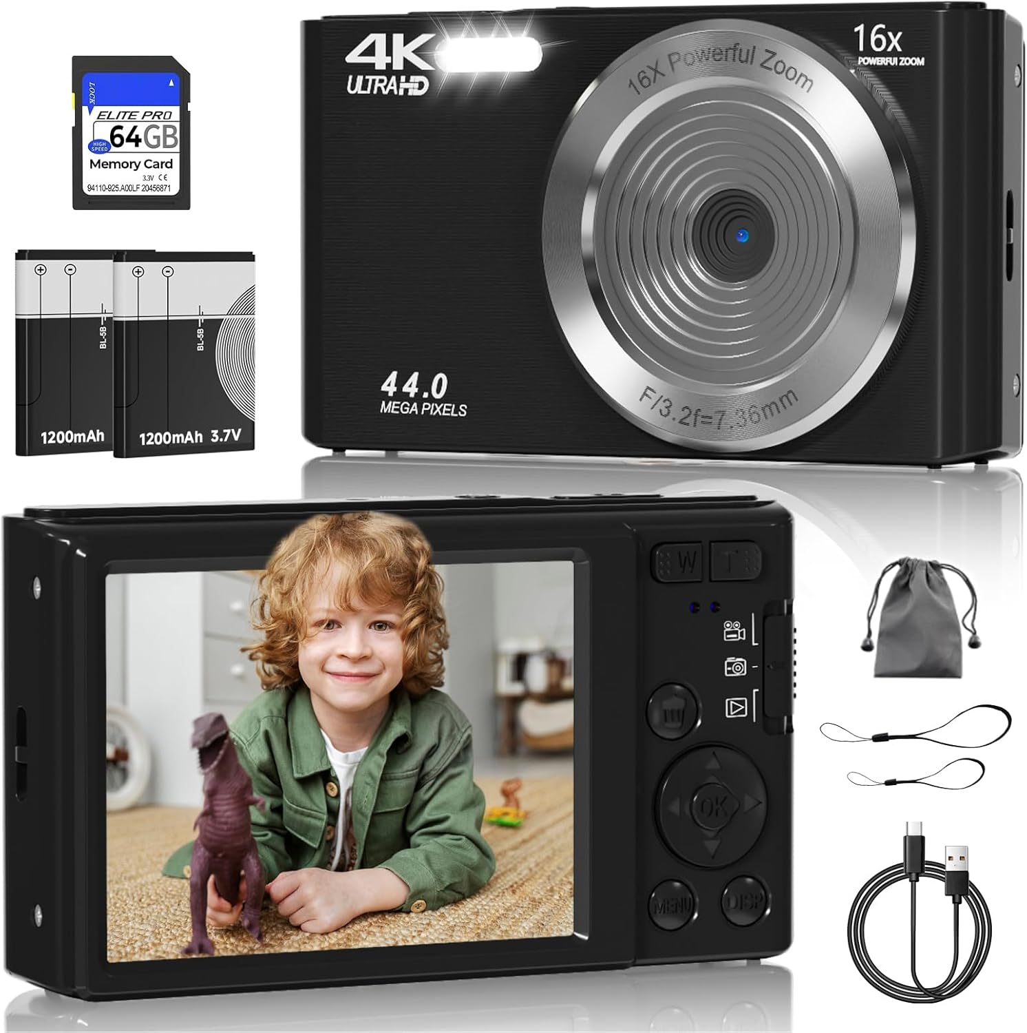 44MP 4K Digital Camera with 16X Zoom for Kids and Teens