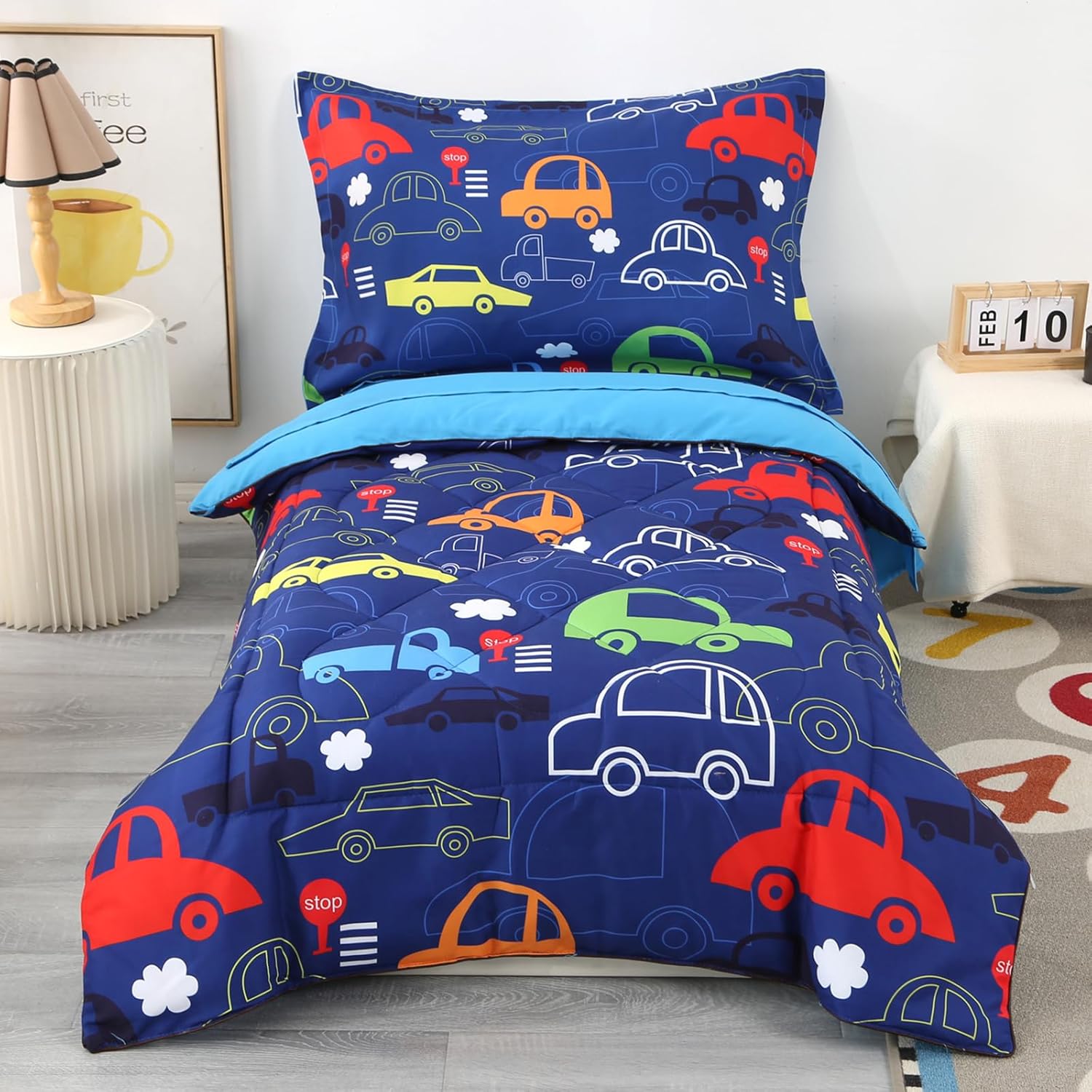 Wowelife Car Toddler Bedding Set for Boys - Blue Vehicle Design