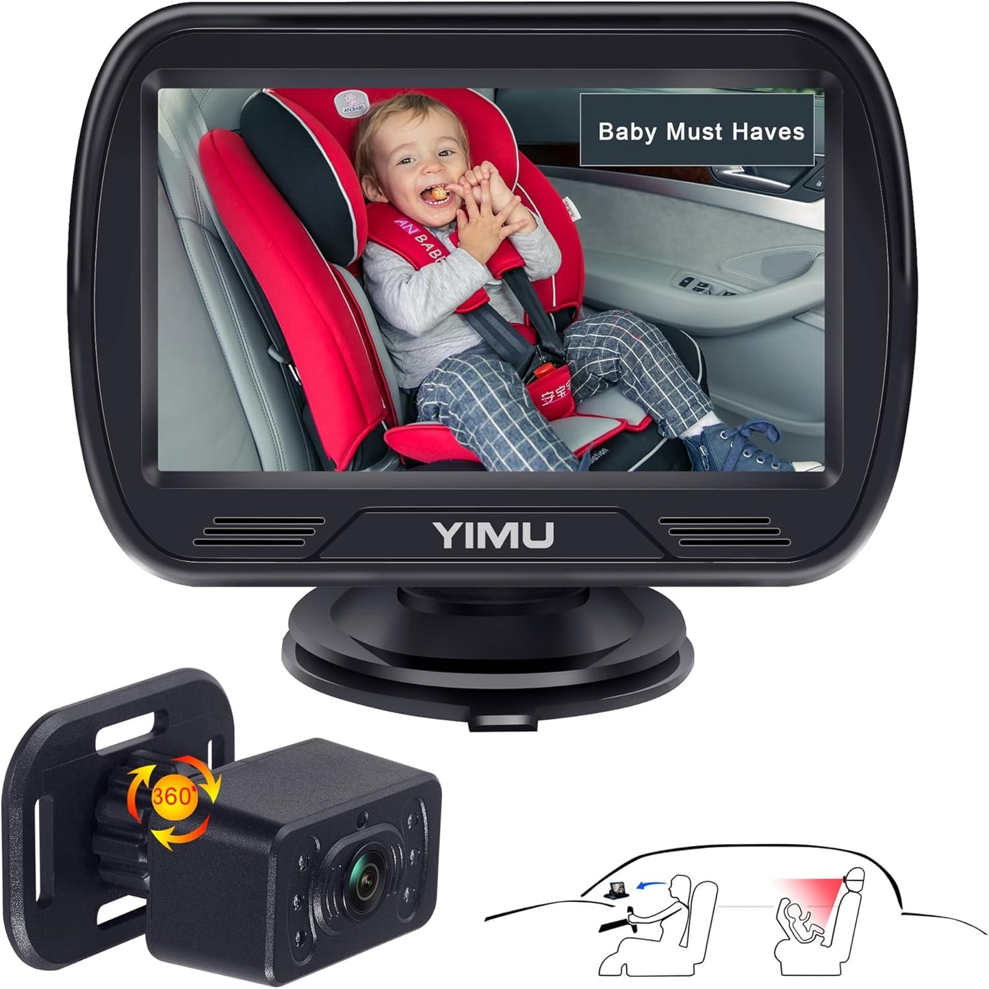 YIMU 360 Rotatable Baby Car Camera - Night Vision & Quick Install
